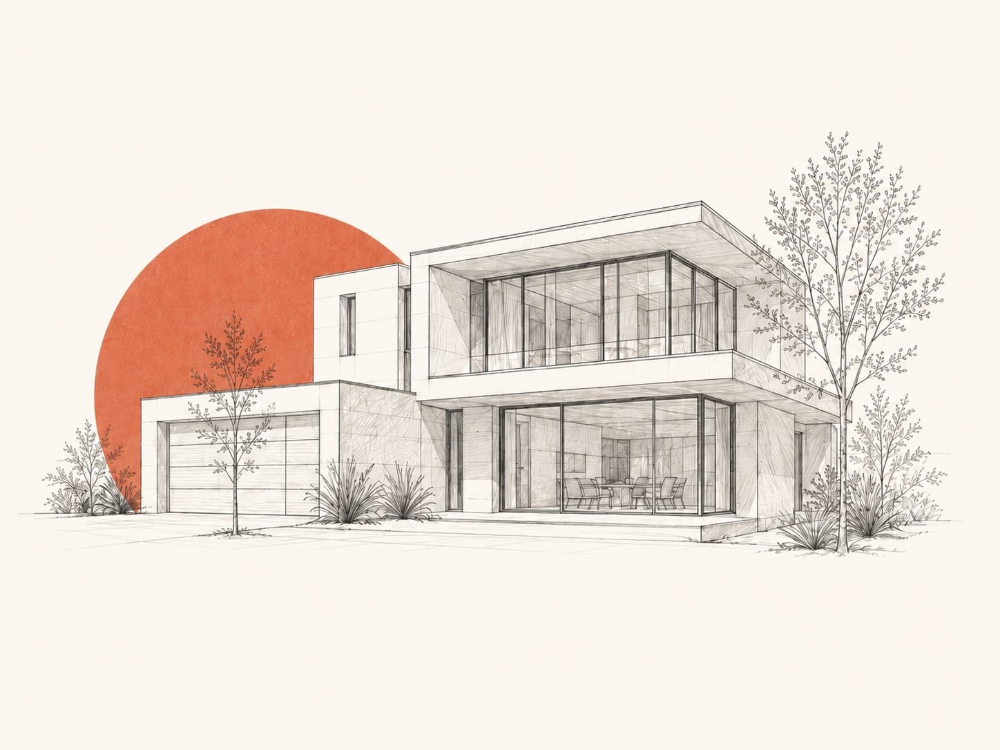 Architectural sketch of a modern home with a terracotta sun behind it